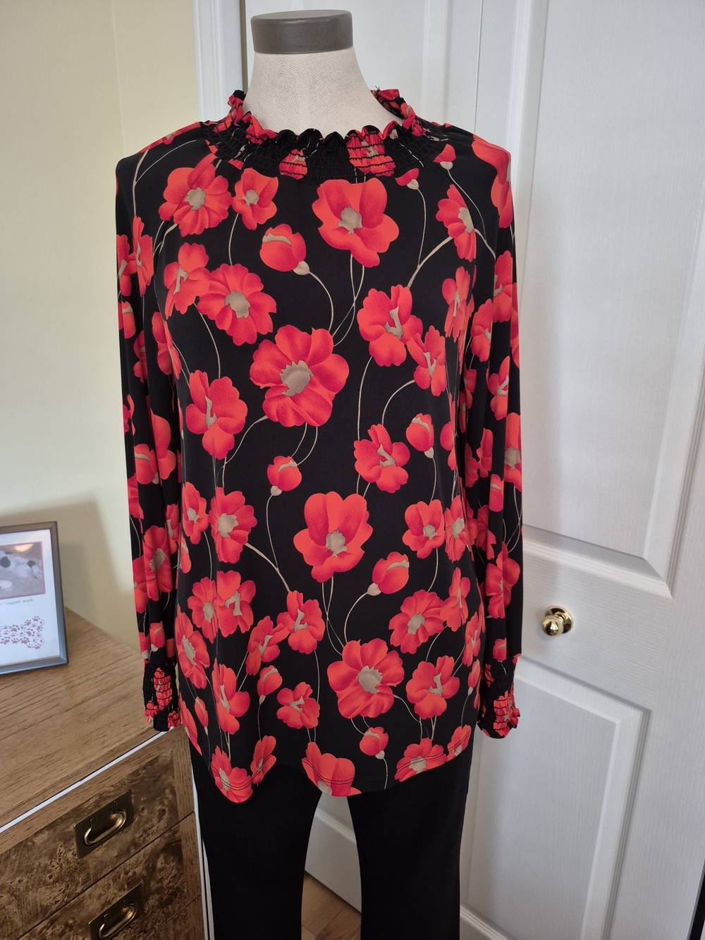 Smocked Neck Floral Blouse in Black with Red Poppies